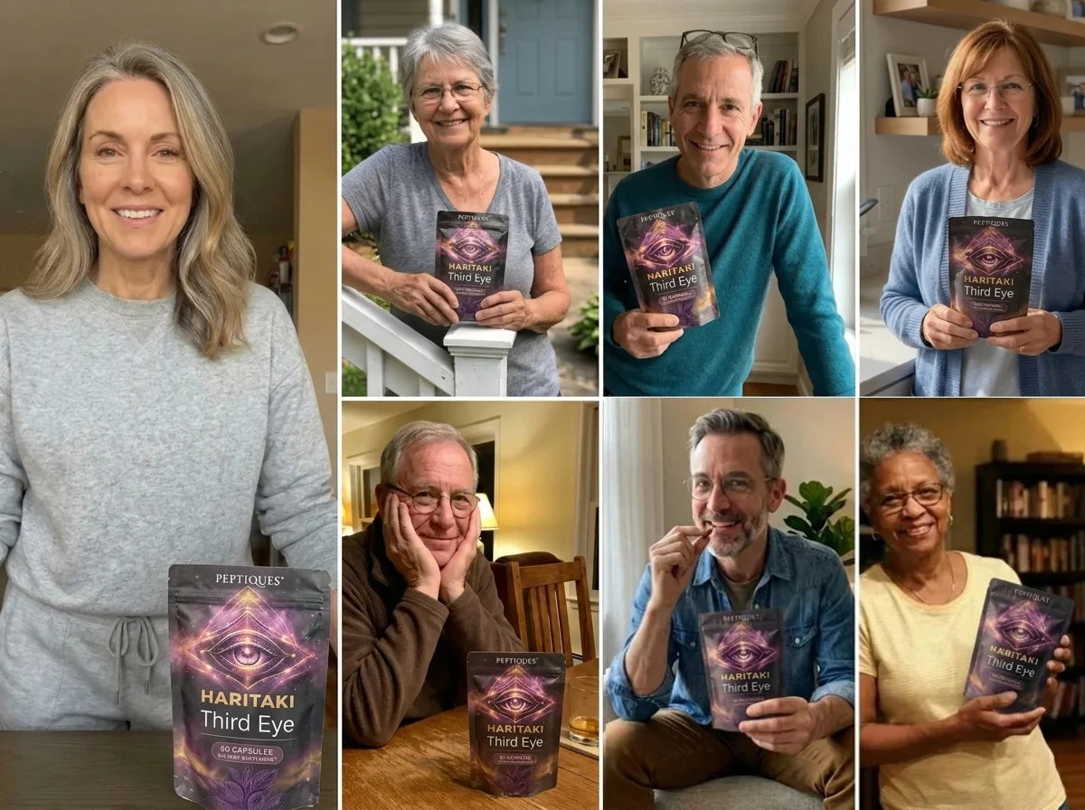 Collage of happy customers holding Peptiques pouches