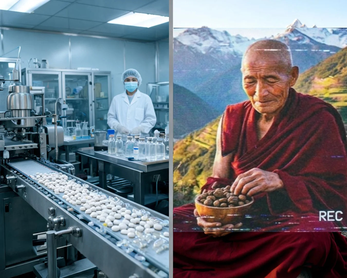 Himalayan monk holding a bowl of Haritaki