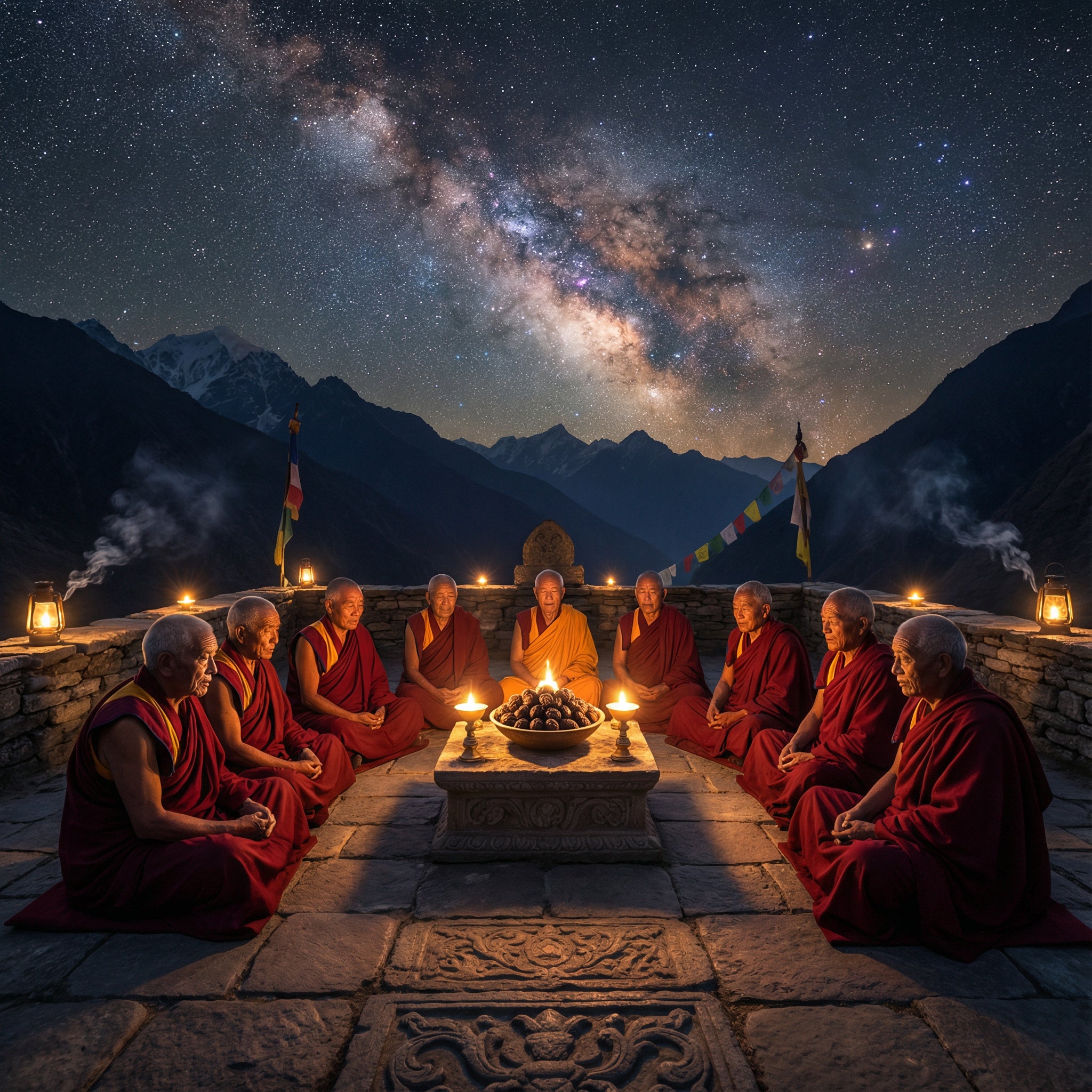 Monks sitting in a circle under a starry sky with mountains in the background
