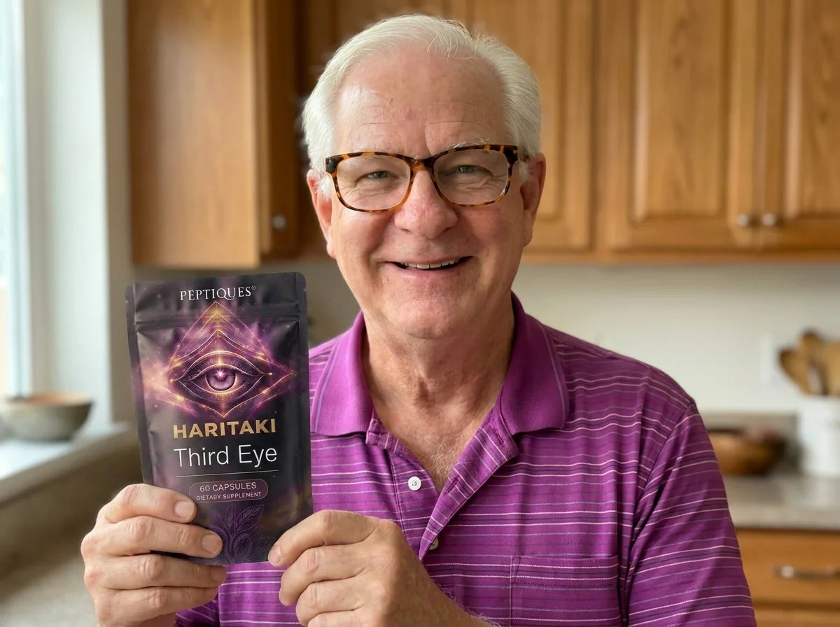Calm man holding a Peptiques Haritaki pouch, third eye awakening