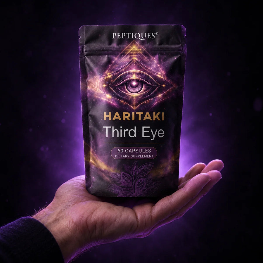 Haritaki Third Eye pouch in an open hand