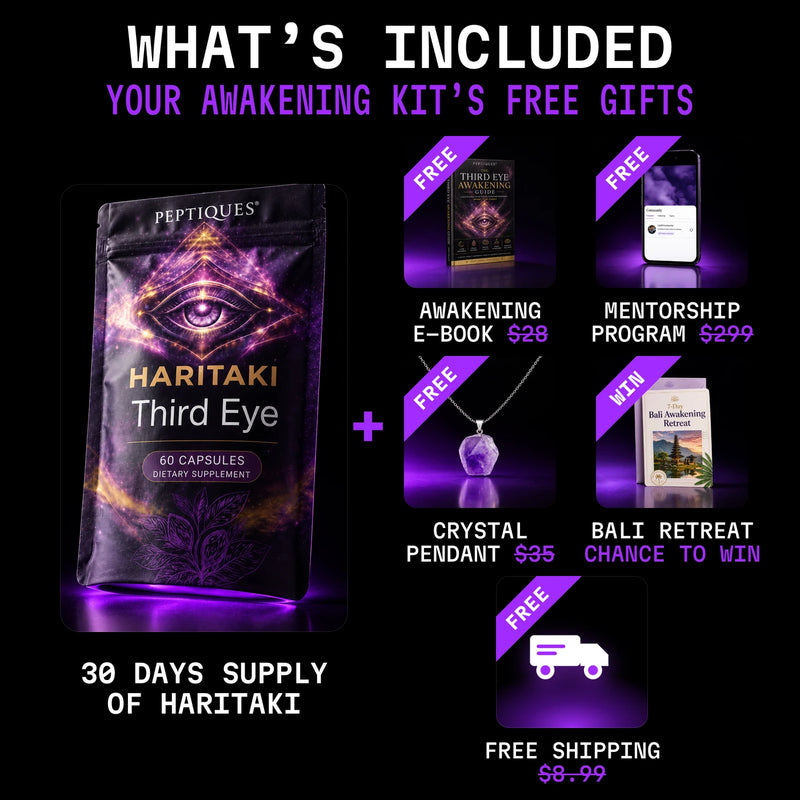 What's included: Haritaki Third Eye 30 day supply and the free awakening kit gifts